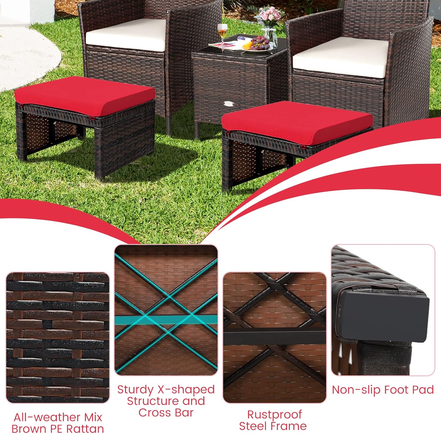 RELAX4LIFE 2-Piece Wicker Outdoor Ottoman, Rattan Footrest Set of 2 with Removable Cushions, 3-in-1 Foot Stool, Side Table & Additional Seating, Outdoor Footstools for Patio Backyard (Red)
