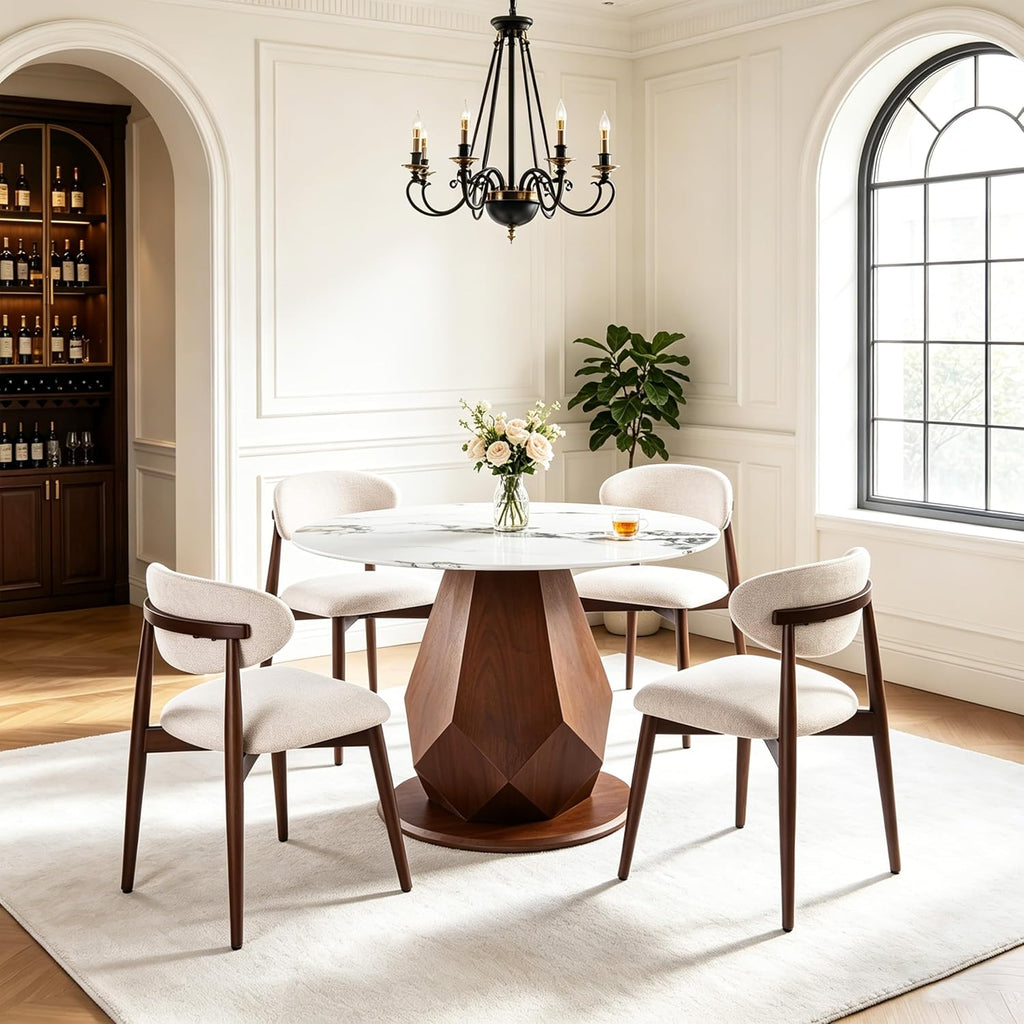 YYQ 45" Round Dining Table Set, Faux Marble Dining Table with 4 Dining Chairs Set, Tempered Glass Tabletop with Antique Brass Metal Base (45" Table with 4 Chairs)