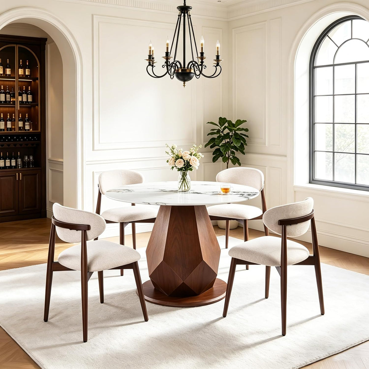 YYQ 45" Round Dining Table Set, Faux Marble Dining Table with 4 Dining Chairs Set, Tempered Glass Tabletop with Antique Brass Metal Base (45" Table with 4 Chairs)