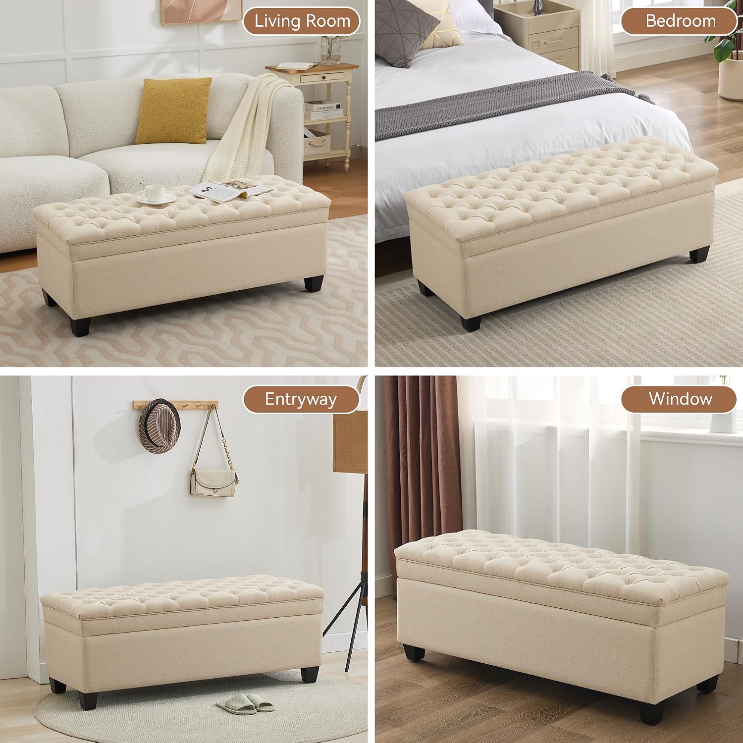 WUTUTUEE 51" Fabric Storage Ottoman Bench, Upholstered Rectangle End of Bed Storage Ottoman Tufted Living Room Bedroom Bench with Safety Hinge, Solid Wood Legs, Loads 500 lb(Khaki)