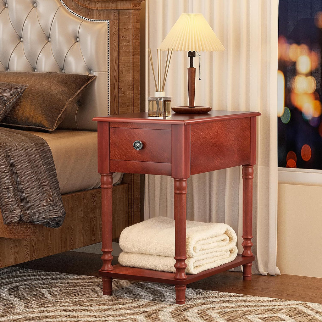 ROOMTEC Solid Wood End Table with Drawer and Shelf, Narrow Side Table Living Room, Vintage Wood Narrow Sofa Side Table, Nightstand for Bedroom, 14" W x 22" D x 24.8" H
