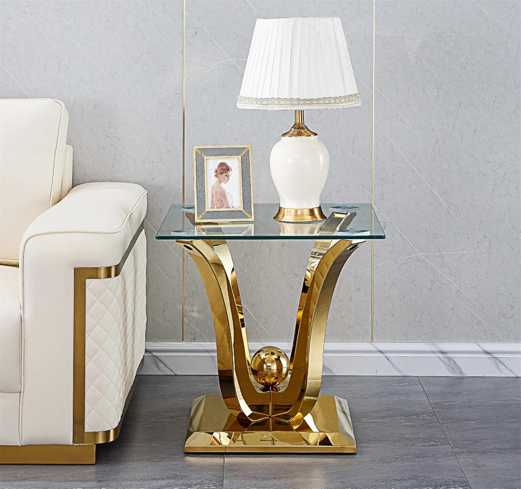 Modern Glass End Table Square Gold Living Room Table Sofa Side Table with 0.4" Tempered Glass Top & Geometric Stainless Steel Base,Luxury Clear Tempered Glass Small Bed Side Corner Table