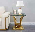 Modern Glass End Table Square Gold Living Room Table Sofa Side Table with 0.4" Tempered Glass Top & Geometric Stainless Steel Base,Luxury Clear Tempered Glass Small Bed Side Corner Table