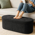 DUMOS Folding Storage Ottoman Bench, Oval Round Ottoman End of Bed Foot Rest Bench Stool with Cushion, Storage Chest for Bedroom, Living Room, Entryway, Dorm, Teddy Fabric, Black