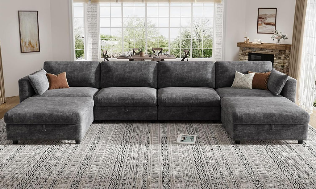 KKL Modular Sectional Couches for Living Room, U Shaped Sofa Couch with Adjustable Backrest, Chenille 6 Seater Sofa Couch with Convertible Ottoman and Comfy Cushion, Grey
