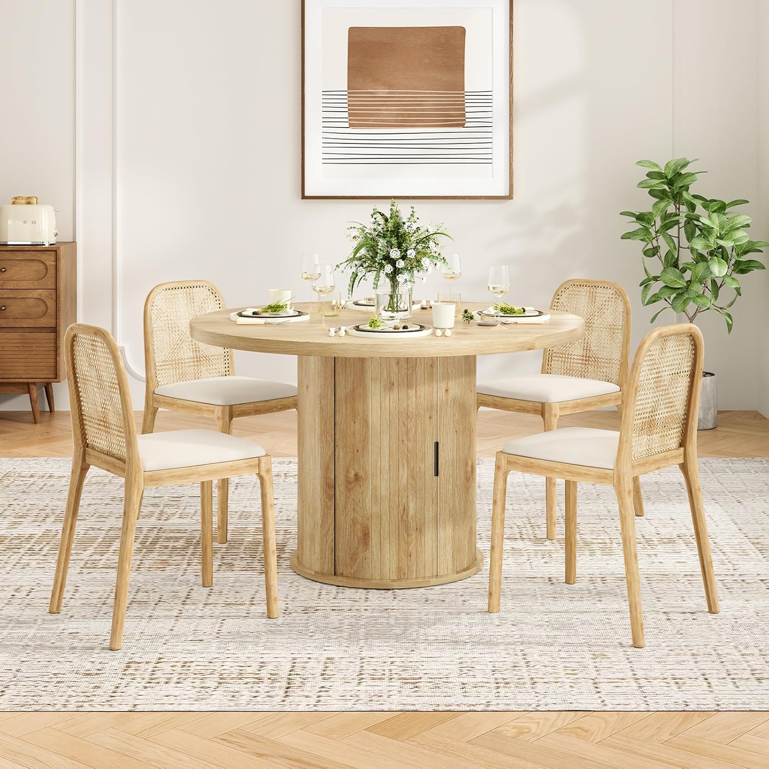 43.3'' Round Dining Table with Hidden Storage Space, Wooden Circle Kitchen Dinner Table for Dining Room Living Room, Easy Assembly, Natural