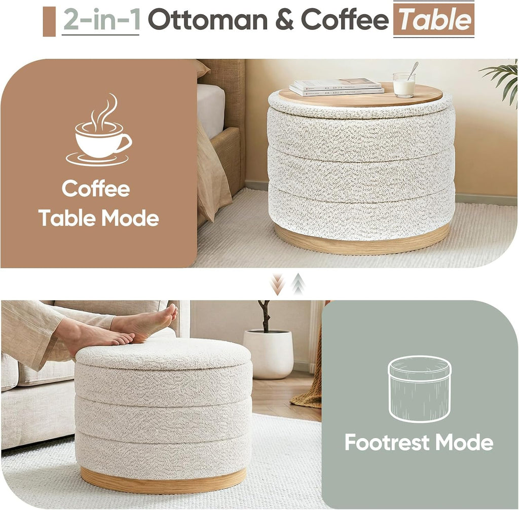 Round Storage Ottoman with Tray Lid, Folding Chenille Fabric Footrest with Hidden Storage, 22.8" Large Footstool Side Table for Dorm Living Room Bedroom, Wood Grain Base, Cream White