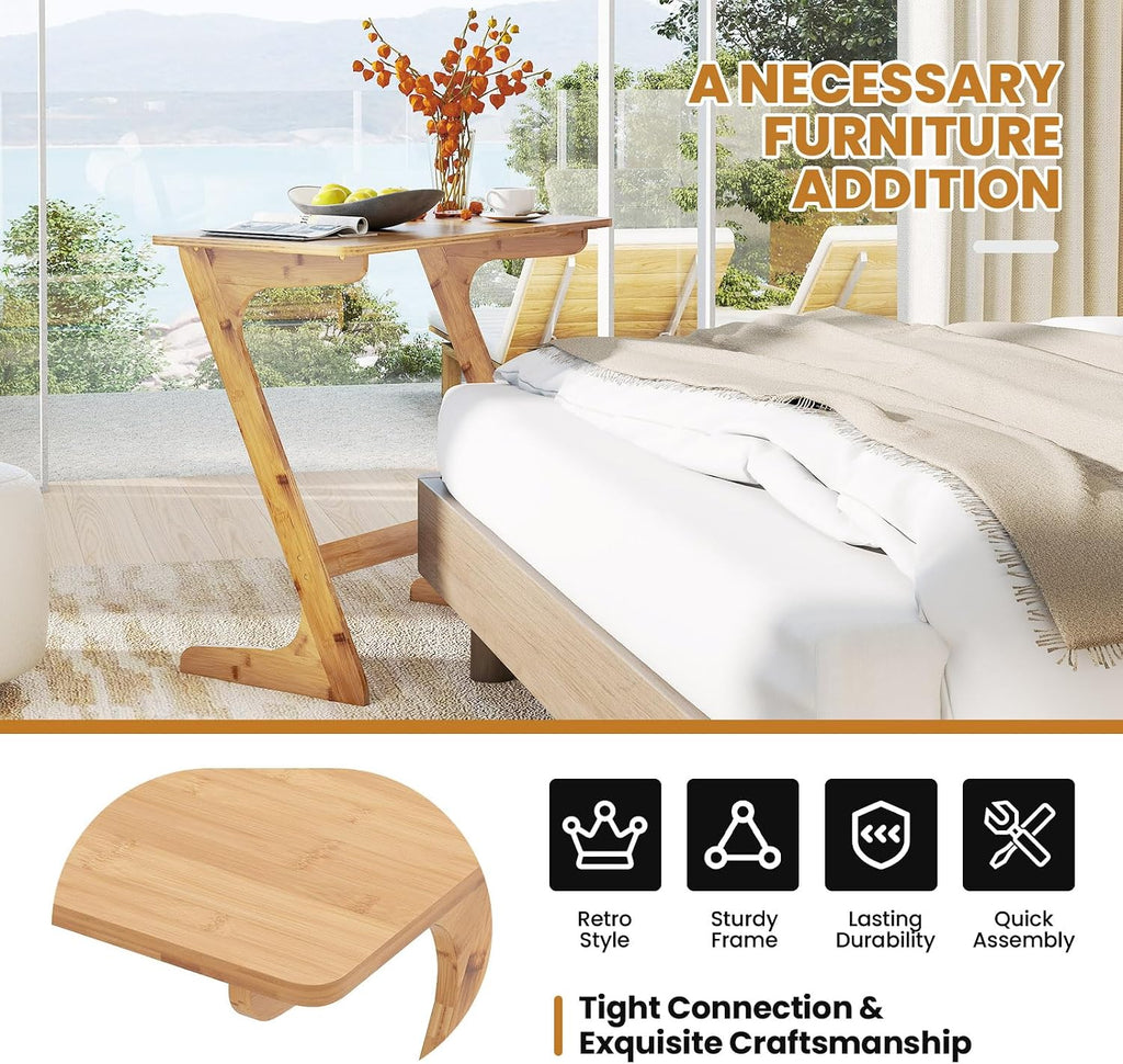 Tangkula Bamboo TV Tray Sofa Side Table, Z-Shaped Couch Table with 30” x 16” Tabletop, Space-Saving Snack Laptop Desk, Quick Assembly, End Table for Home, Office, Library (1, Bamboo)