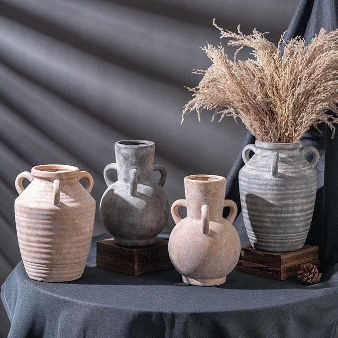Vintage Terracotta Ceramic Vase with Handles, Rustic Beige Pottery Tulip Vase for Cottage Core Home Mantle Decor, Farmhouse Table Centerpieces, Large Bulk Flower Vases Jarrones Decorativos para Sala