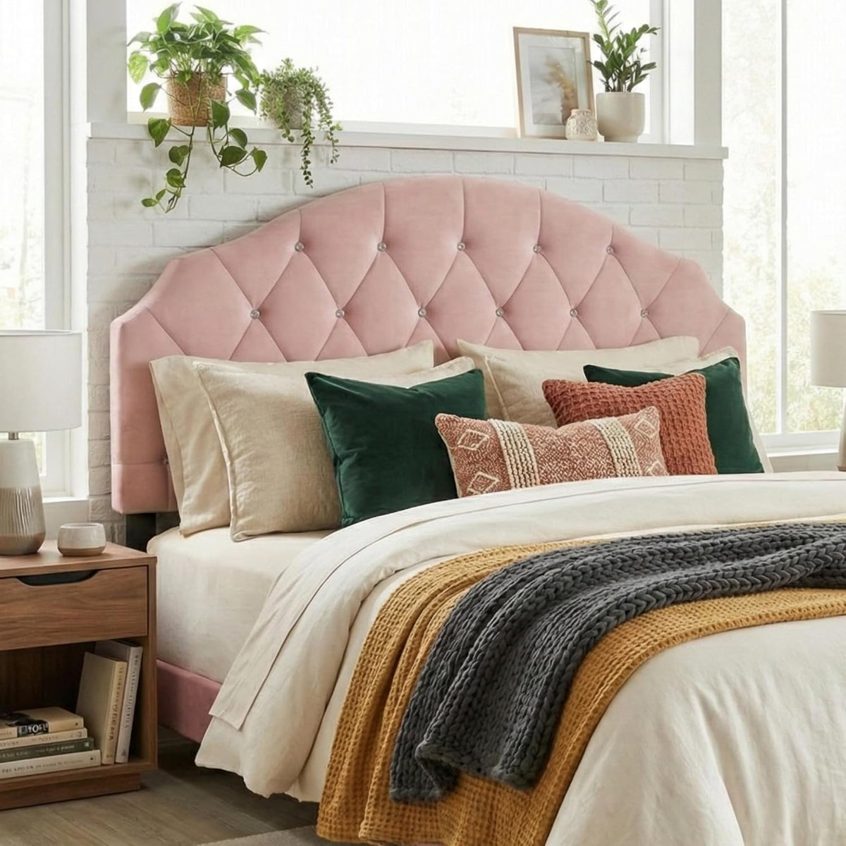 HOME DESIGN Evelina King Diamond Tufted Velvet Headboard, Pink
