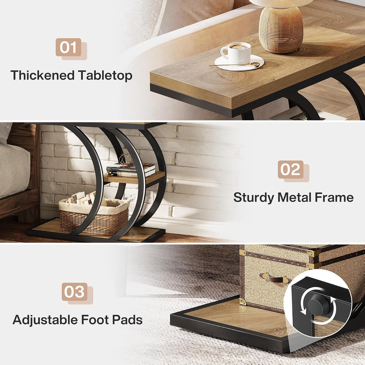 Tribesigns End Table for Living Room, 3-Tier Narrow Wood Couch C-Shaped Side Table with Storage, Industrial Nightstand for Bedroom, Small Spaces, Natural