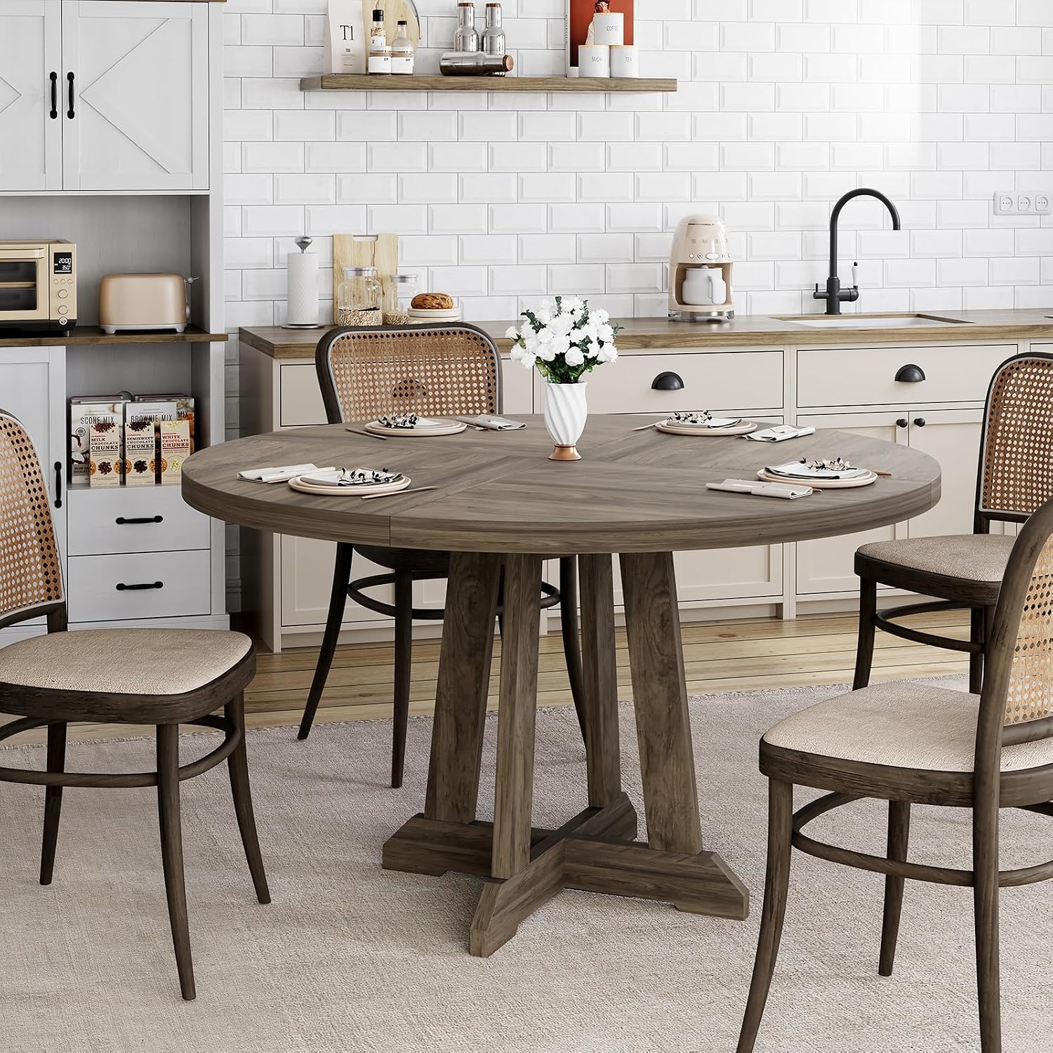 Garvee 47 Inch Round Dining Table for 4-6, Wood Kitchen Table with Cross Base and Adjustable Foot Pads, Dining Room Table with Circle Tabletop for Dining Room, Kitchen, Living Room, Brown