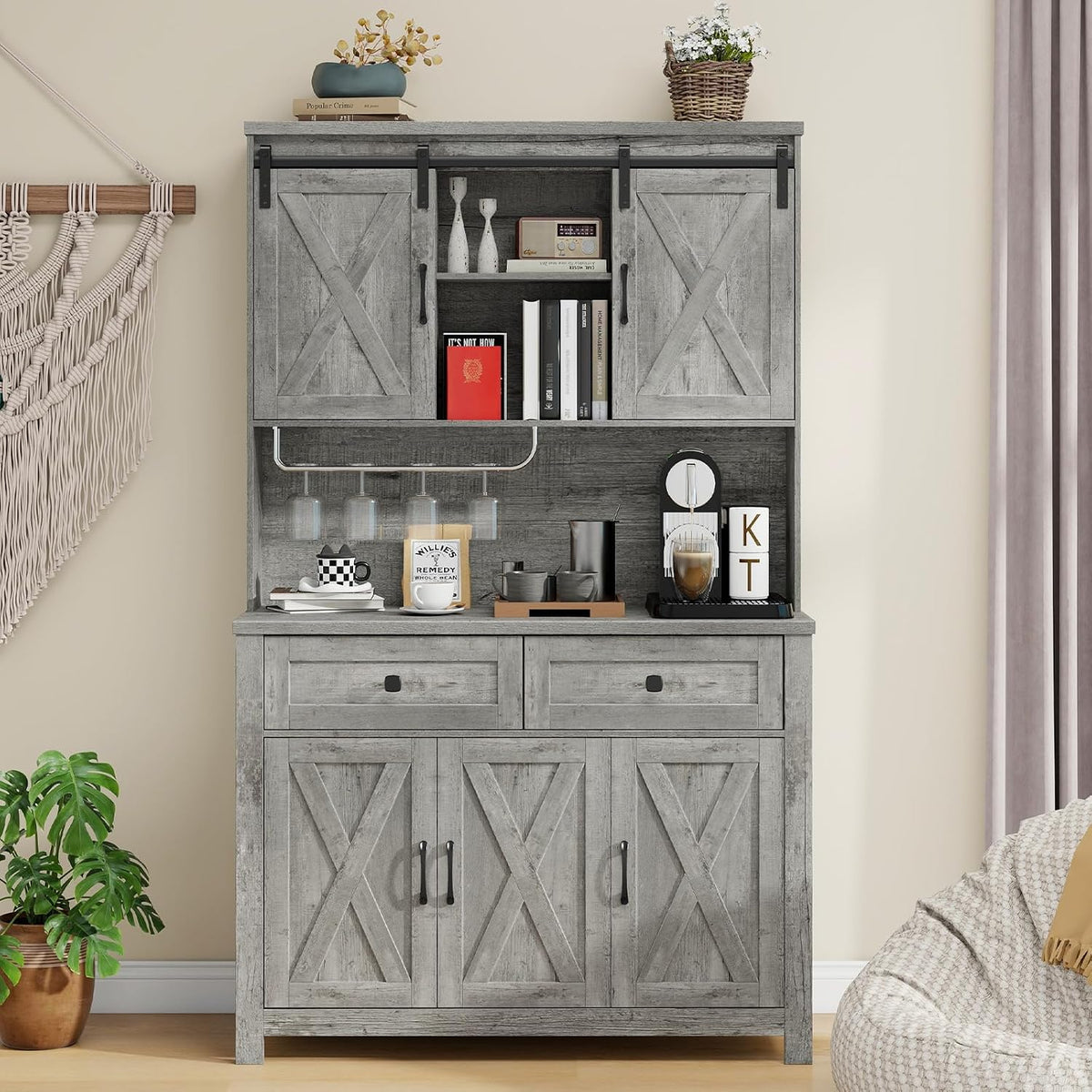 Vabches 67.7 Inch Farmhouse Pantry Storage Cabinet with Sliding Barn Doors, 2 Drawer Farmhouse Coffee Cabinet with Adjustable Shelf, Side Board with Buffet Cupboard for Kitchen, Livingroom.Gray