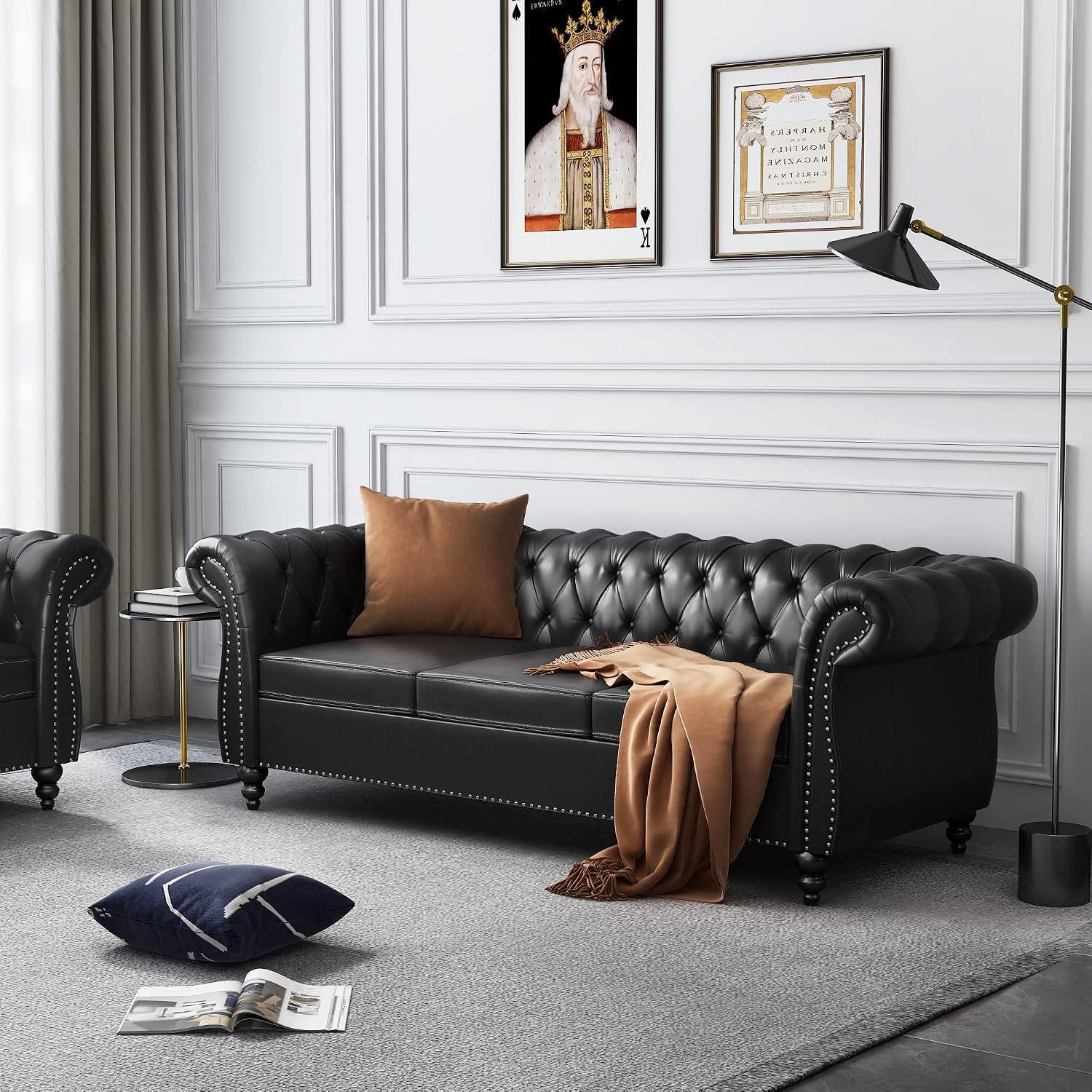 AVZEAR 84" Chesterfield Sofa 3-Seater, Classic Roll Arm PU Leather Couch with Button Tufted Back, Stain Resistant Upholstered Settee Large Sofa for Living Room, Black