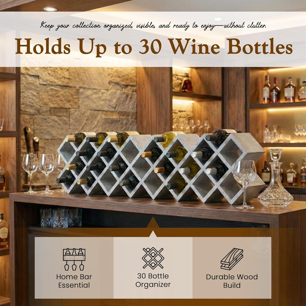 Kings Brand Furniture 30-Bottle Wine Rack – Geometric Grid Design, Modern Countertop Wine Storage for Kitchen, Bar, or Sideboard Display (Concrete Finish)