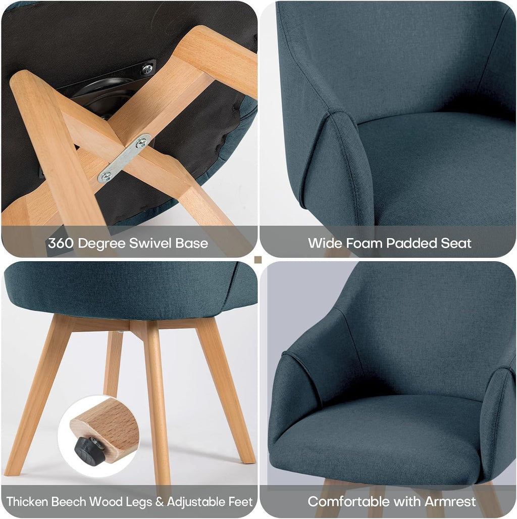 Swivel Dining Chairs Set of 2, Mid Century Modern Dining Chairs with Arms and Wood Legs, Linen Fabric Upholstered Kitchen Chairs for Dining Room Living Room, Comfortable Widen Seat, Blue