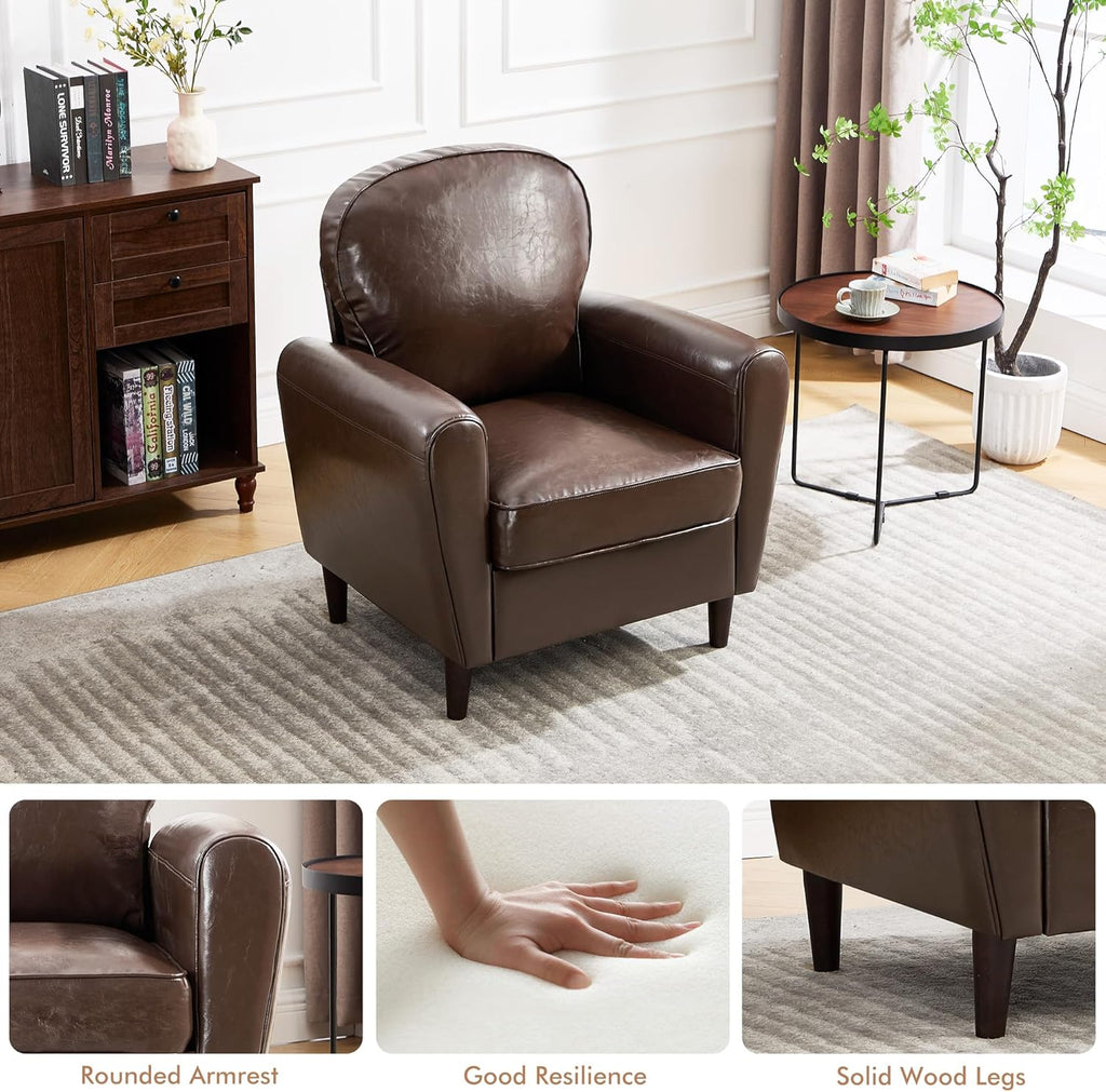 Mid Century Accent Chair, Modern Faux Leather Arm Chair, Comfy Upholstered Reading Chair Single Sofa Chairs for Living Room, Bedroom, Club, PU Coffee