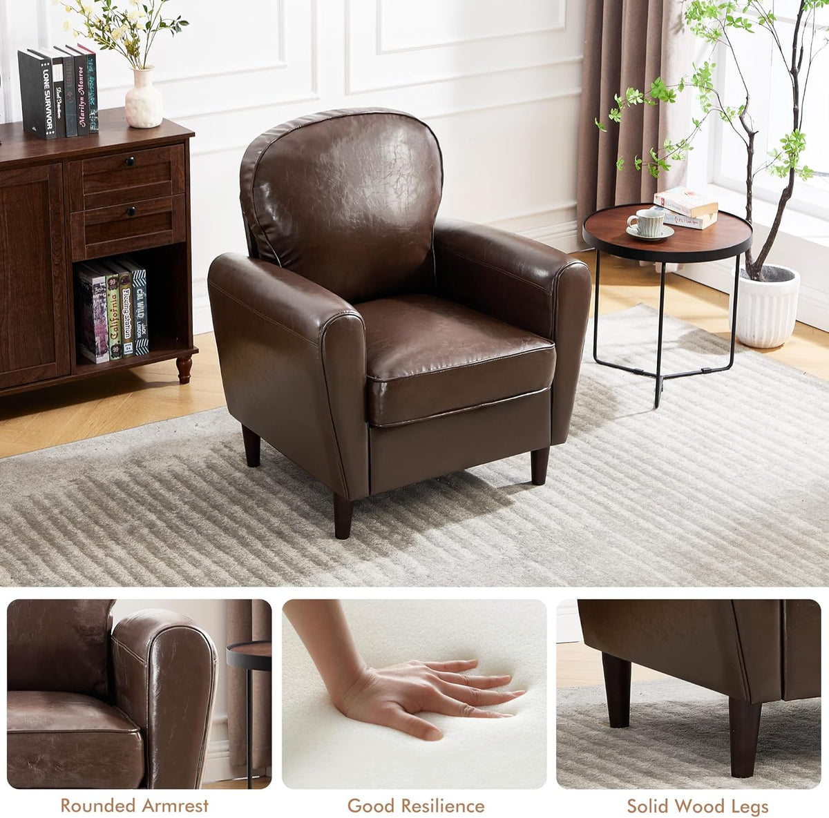 Mid Century Accent Chair, Modern Faux Leather Arm Chair, Comfy Upholstered Reading Chair Single Sofa Chairs for Living Room, Bedroom, Club, PU Coffee