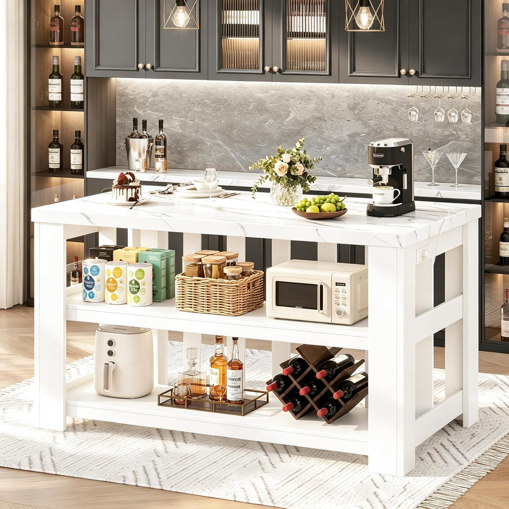 DynJest Kitchen Island with Storage, 55 Inch Large Faux Marble Prep Worktop | Kitchen Island with Power Outlet &3-Tier Shelves, Rest Area, Coffee Bar Cabinet With Wide Legs for Kitchen Dining Room, White