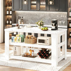 DynJest Kitchen Island with Storage, 55 Inch Large Faux Marble Prep Worktop | Kitchen Island with Power Outlet &3-Tier Shelves, Rest Area, Coffee Bar Cabinet With Wide Legs for Kitchen Dining Room, White