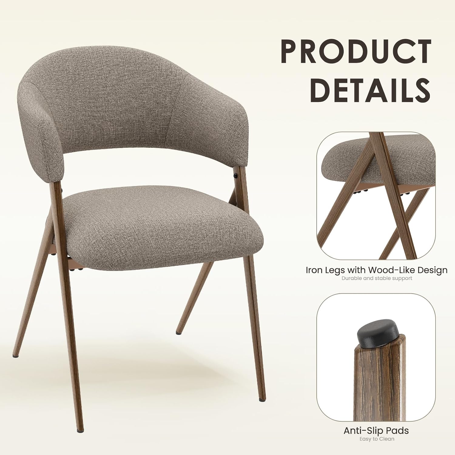 COLAMY Dining Chairs Set of 2, Modern Fabric Upholstered Dining Room Kitchen Side Chairs with Iron Legs, Open Back and Padded Seat, for Living Room/Restaurant/Cafe, Taupe