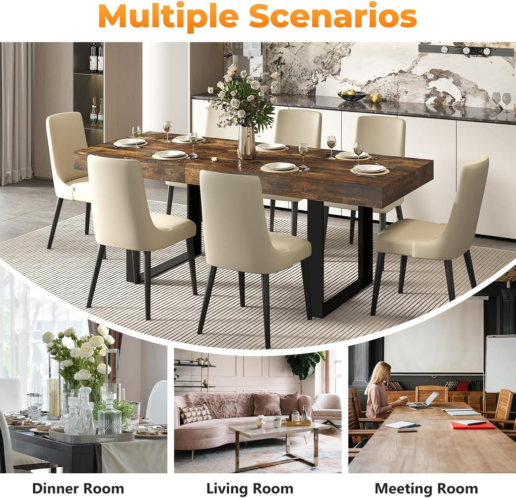 Zevemomo 63"-78.7" Rectangular Extendable Dining Table, 6-8 Extendable Dining Table, Conference Table, Kitchen Table with Slide Track, Tapered U-Shaped Wood Legs for Office, Living Room-Rustic Brown