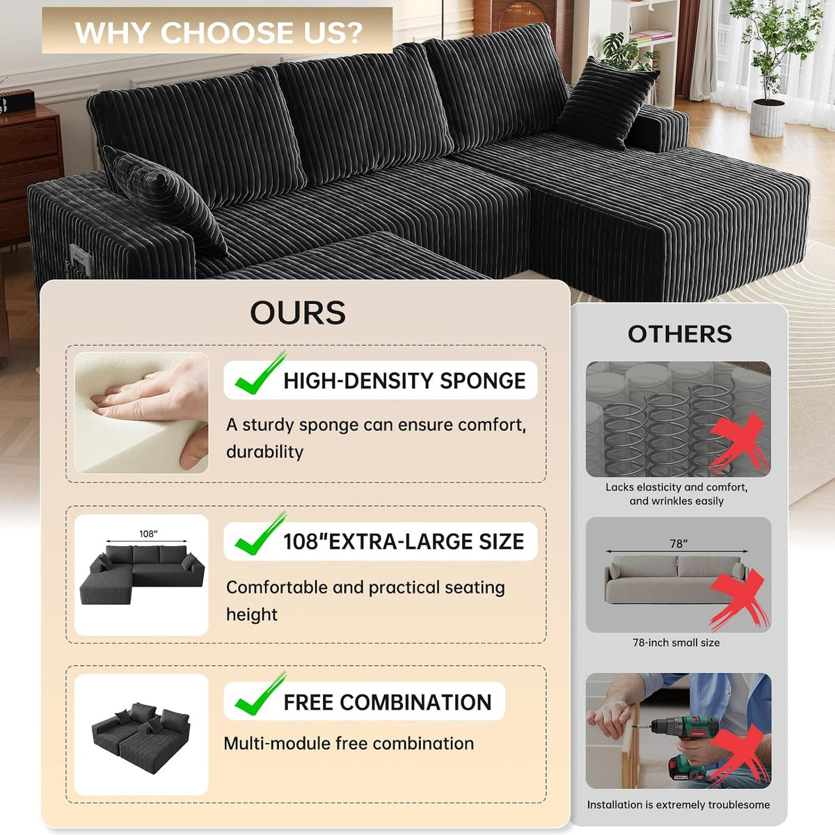 108" U-Shape Modular Sectional Cloud Couch with Ottoman, Deep Seat Couch with Oversized Chaise Lounge, Comfy Flannel Fabric Sofa for Living Room Bedroom Apartment Game Room Basement