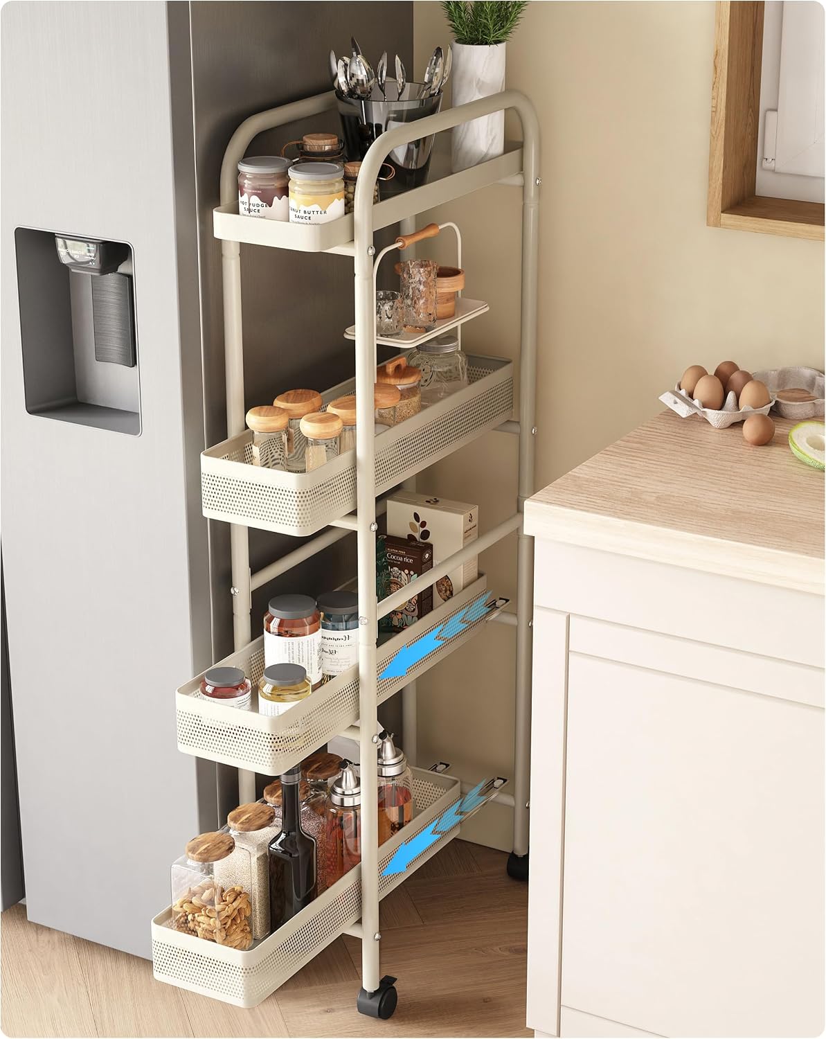 UMDONX 4-Tier Narrow Mobile Storage Cart with Pull-Out Baskets | The Multifunctional Pull-out Storage Rack Is Suitable for Bathrooms, Kitchens, and Laundry Rooms