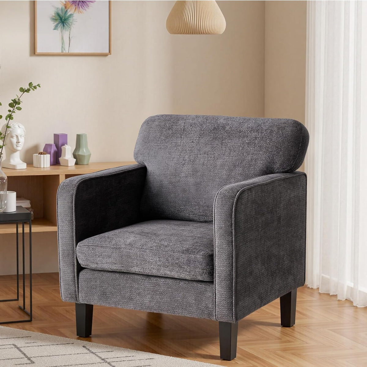 DUMOS Dark Grey Modern Accent Chairs for Living Room, Corner Chairs for Adults, Reading Chair with Armrest and Backrest, Comfy Lounge Chairs for Bedroom Reception Waiting Room