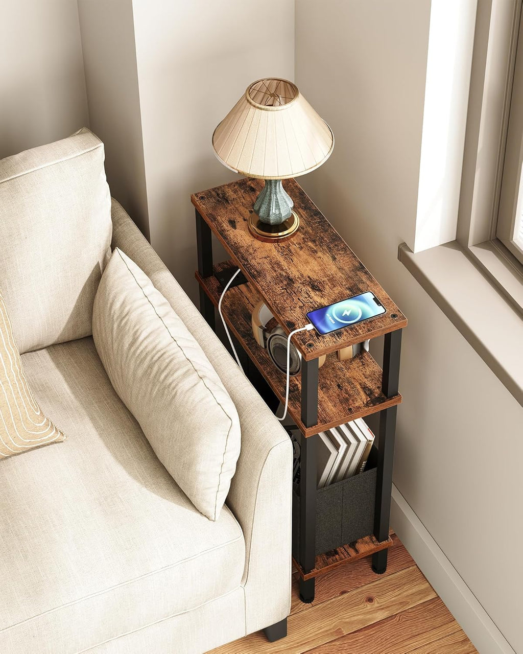 CHOEZON Narrow Side Table and Mini Fridge Stand with Storage, Skinny End Table with Fabric Basket, Mini Fridge Cabinet with Mobile Basket Cart, for Living Room, Bedroom, Rustic Brown TBZ07UBF-TBZ55BF