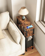 CHOEZON Narrow Side Table and Mini Fridge Stand with Storage, Skinny End Table with Fabric Basket, Mini Fridge Cabinet with Mobile Basket Cart, for Living Room, Bedroom, Rustic Brown TBZ07UBF-TBZ55BF