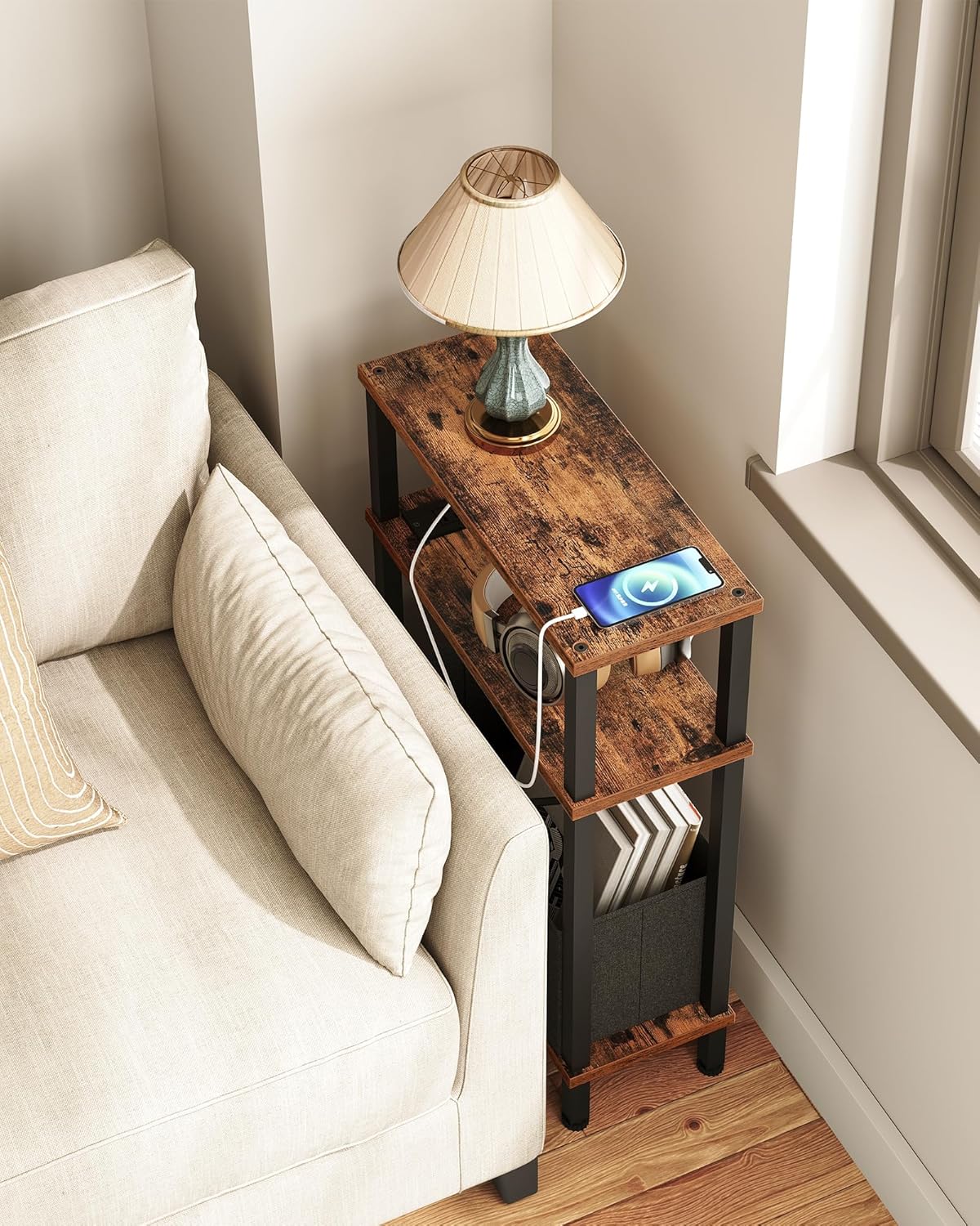 CHOEZON Narrow Side Table and Mini Fridge Stand with Storage, Skinny End Table with Fabric Basket, Mini Fridge Cabinet with Mobile Basket Cart, for Living Room, Bedroom, Rustic Brown TBZ07UBF-TBZ55BF