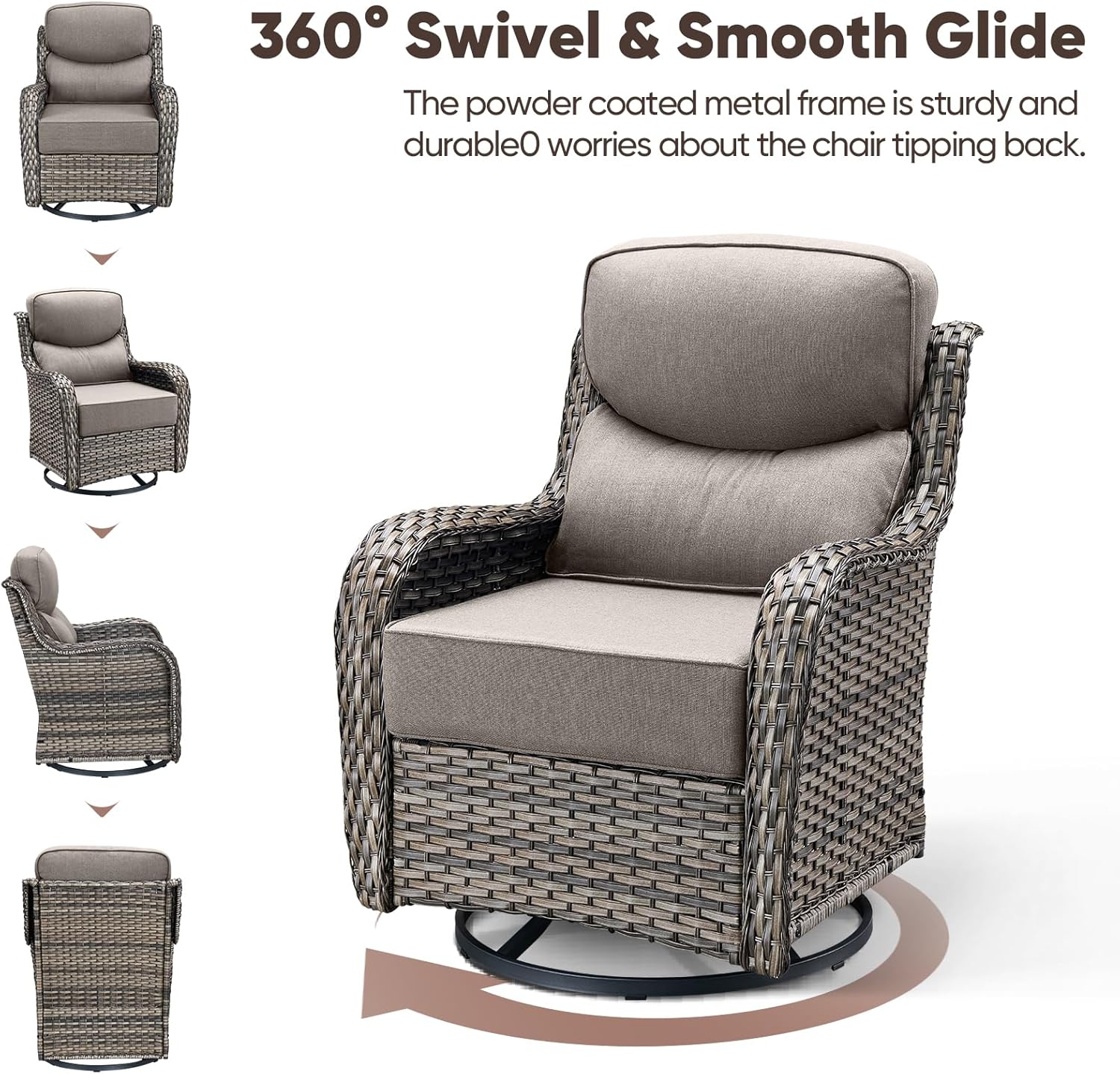 Swivel Patio Chairs sofa Set of 2 with 6" Thick Cushion - Wicker Outdoor Swivel Rocker Patio Chair ,Sofa/Glass coffee table, High Back Comfortable Outdoor Glider Chairs - Grey Wicker | Grey Cushions