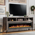 AMERLIFE 65" Fireplace TV Stand with 60" Glass Electric Fireplace, Industrial & Farmhouse Media Entertainment Center with Open Shelve Storage for TVs Up to 75", TV Console for Living Room, Light Gray