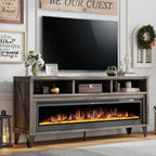AMERLIFE 65" Fireplace TV Stand with 60" Glass Electric Fireplace, Industrial & Farmhouse Media Entertainment Center with Open Shelve Storage for TVs Up to 75", TV Console for Living Room, Light Gray