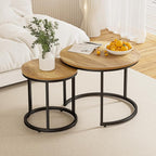 Smuxee Nesting Coffee Table Set of 2, 23.6" Round Coffee Table Brown Wood with Adjustable Non-Slip Feet, Industrial End Table Side Tables for Living Room Bedroom Balcony Yard