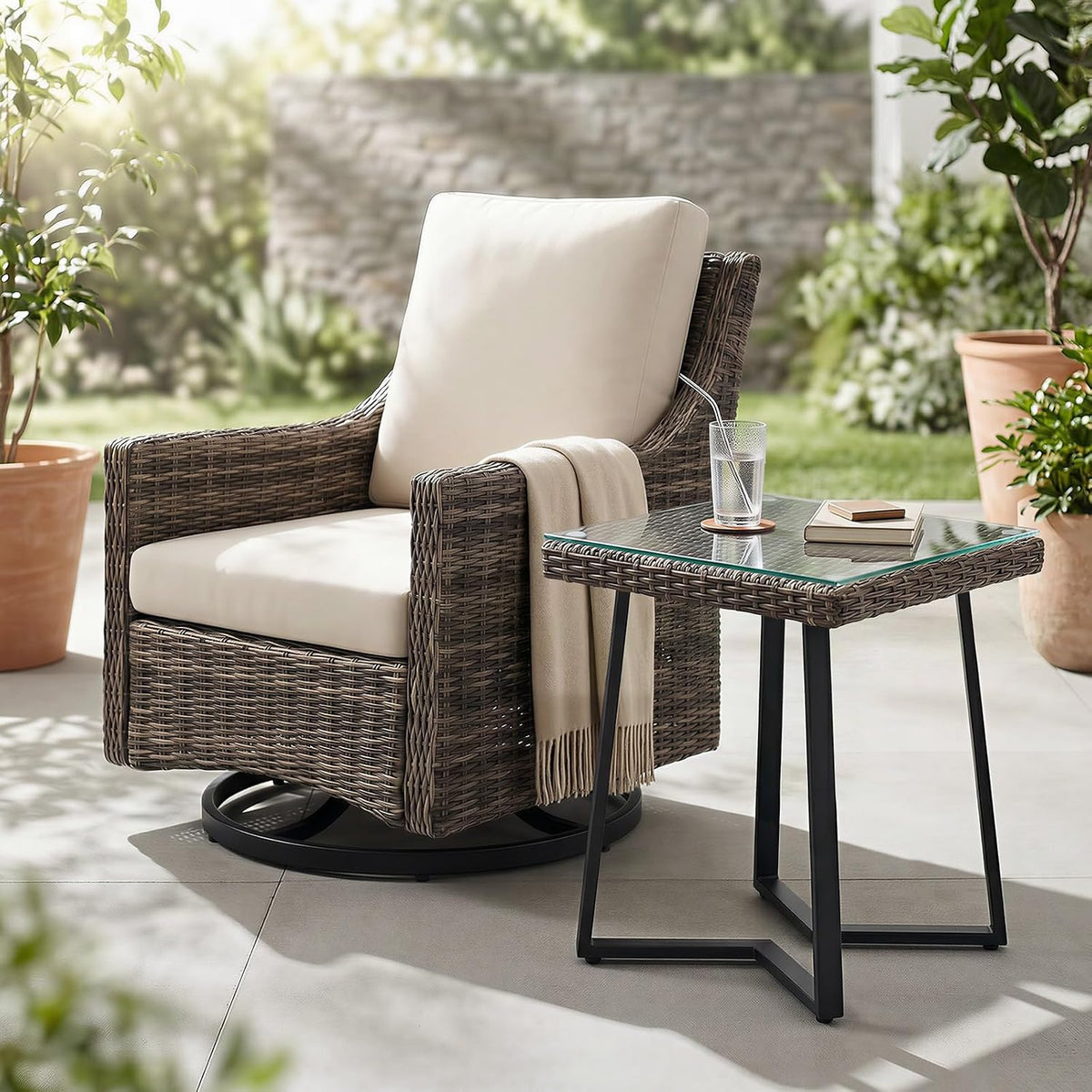 Outdoor Swivel Rocker Patio Chair with Premium Cushion, High Back Wicker Patio Swing Glider for Deck, Porch, Patio and Poolside (Beige, 1 Pcs - Swivel Glider)