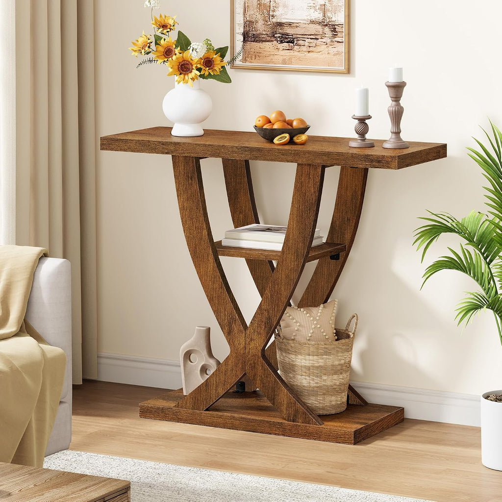 FAVOOSTY Entryway Table, 3 Tier Hallway Table, Console Tables for Living Room, Narrow Entrance Table with Storage, Sofa Table Behind Counch, Accent Table for Entry Foyer, Rustic Brown