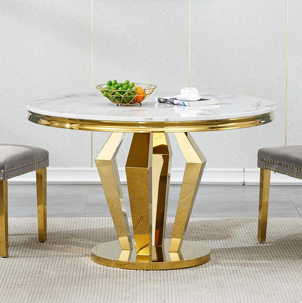 Henf Luxury Round Dining Table for 4-6 White Gold 45" Faux Marble Kitchen Table with Mirrored Stainless Steel Legs, Contemporary Modern Circle Dining Room Table (Table Only)