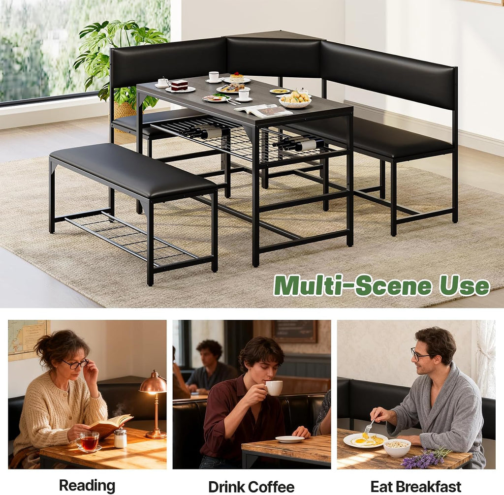 Concho Corner Dining Table Set with Soft Seat, Warm Grey | Breakfast Nook, L Shaped Dining Table Set for 4, Kitchen Booth Seating with Table for Small Space