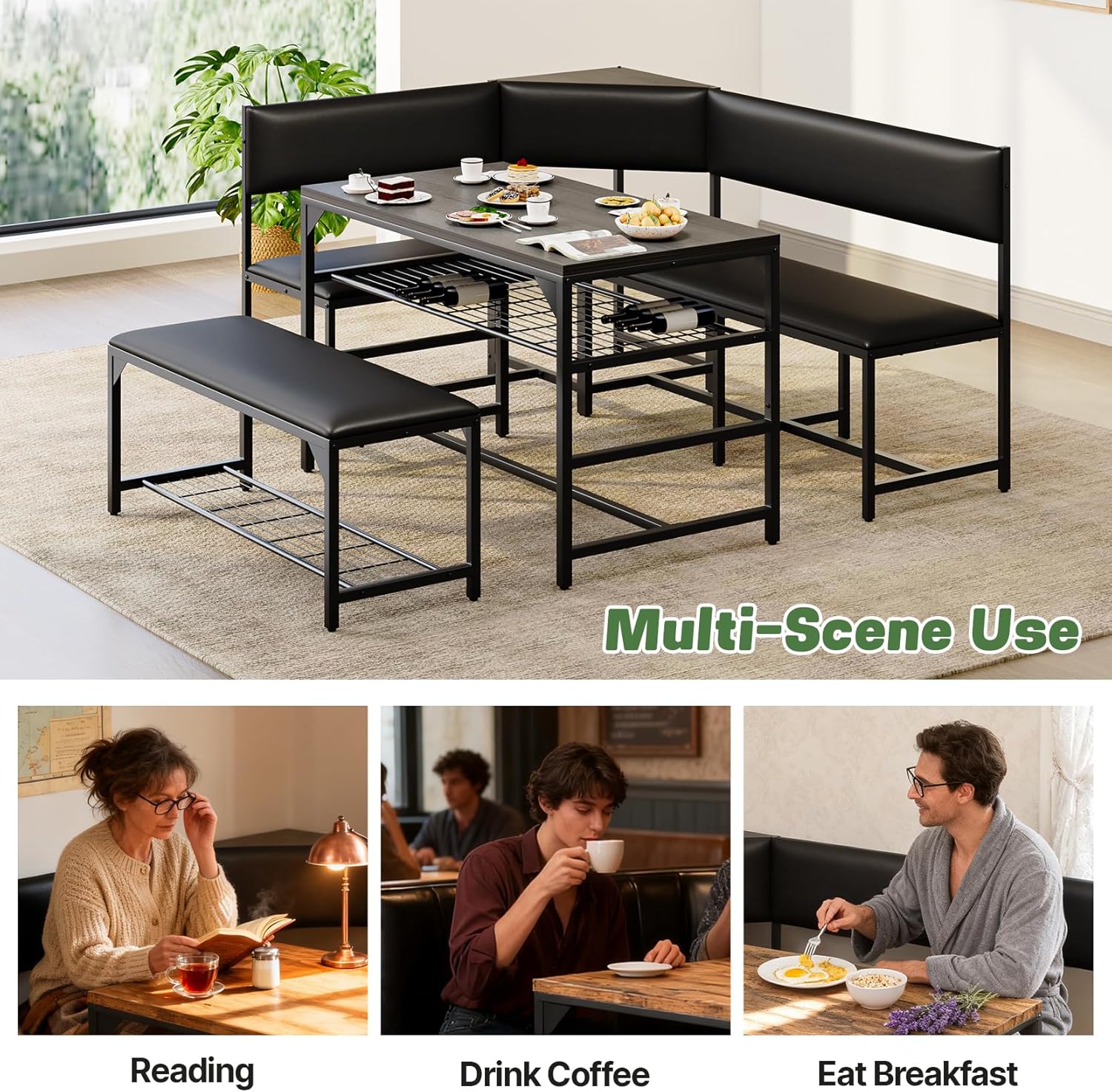 Concho Kitchen Breakfast Nook Table Set with Soft Seat, Corner Dining Table Set for 4-6 People, Dining Room Sets for 4, Space Saving Kitchen Booth Seating with Table for Small Space, Taupe