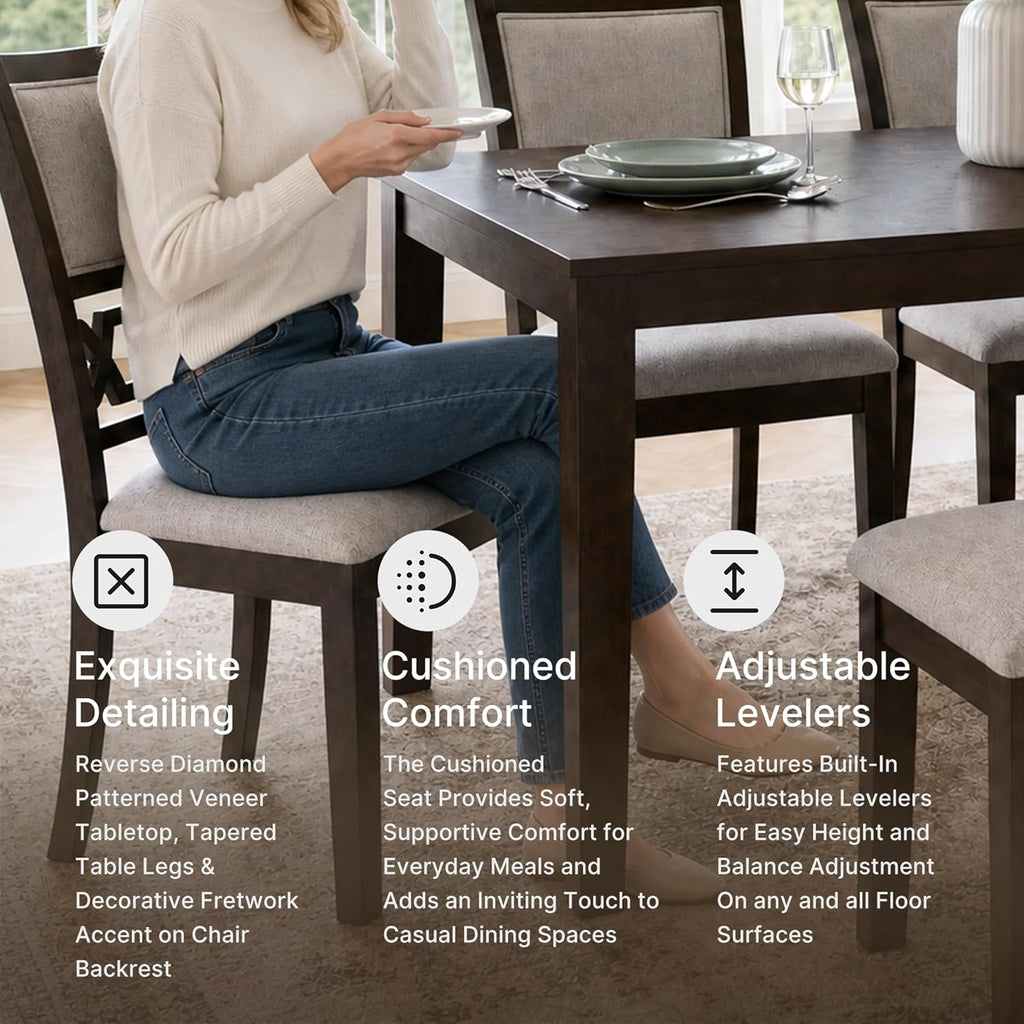 Signature Design by Ashley Langwest 6-Piece Dining Table Set with Bench | Seats up to 6, 60.38 in W dining table, Reverse diamond patterned veneer, Tapered legs, Light beige polyester fabric