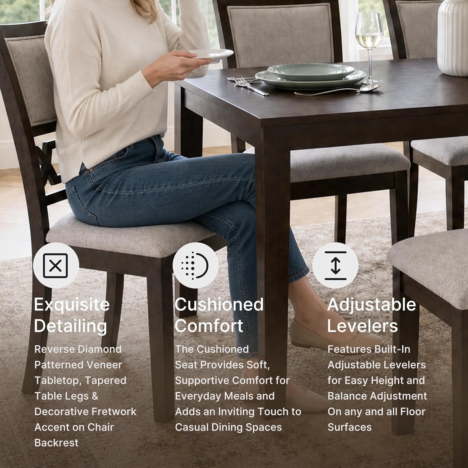 Signature Design by Ashley Langwest 6-Piece Dining Table Set with Bench | Seats up to 6, 60.38 in W dining table, Reverse diamond patterned veneer, Tapered legs, Light beige polyester fabric