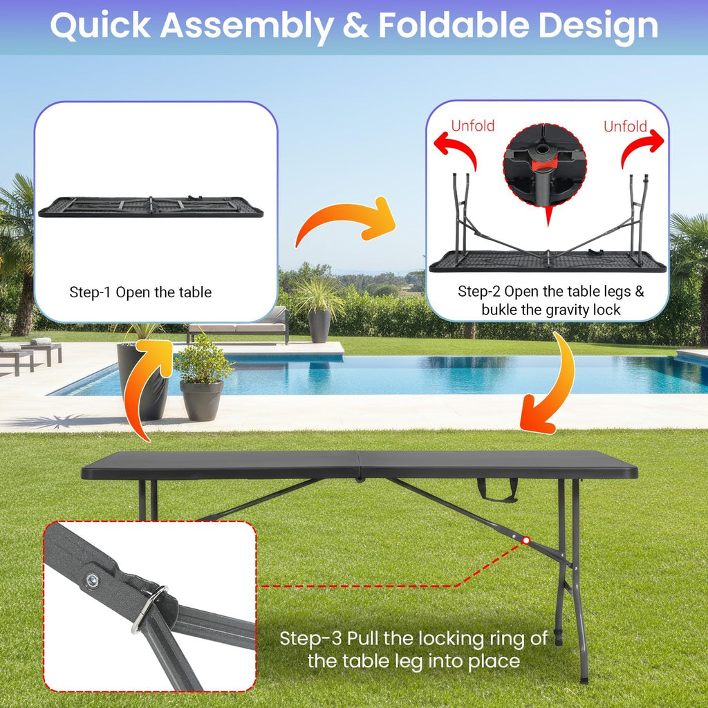 FDW | 6FT Folding Table | Black | Portable Plastic Table | with Carry Handle | Waterproof & Foldable Table Design | Steel Frame with Lock | for Events, Camping, Indoor & Outdoor Use