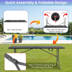 FDW | 6FT Folding Table | Black | Portable Plastic Table | with Carry Handle | Waterproof & Foldable Table Design | Steel Frame with Lock | for Events, Camping, Indoor & Outdoor Use