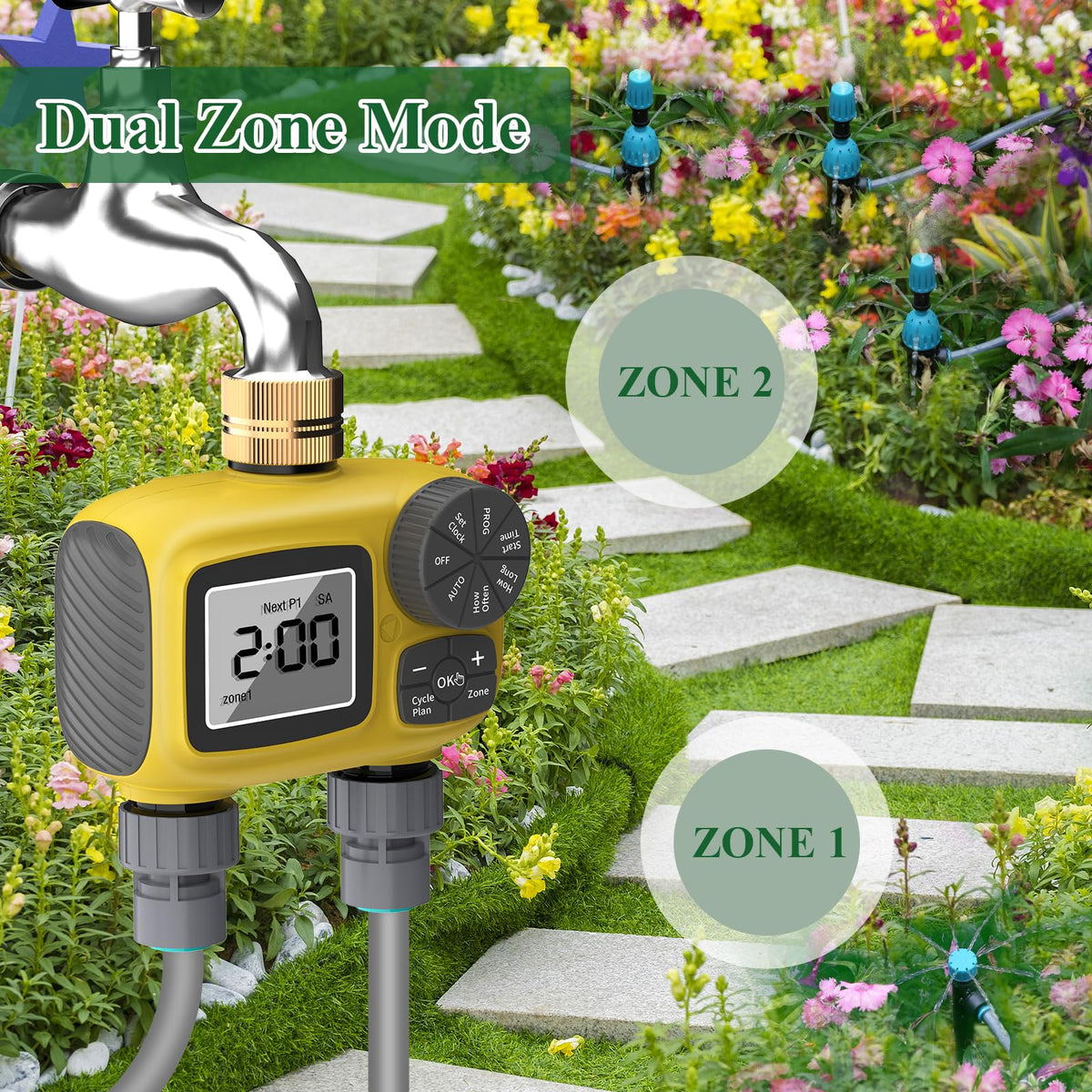 TRJZWA 150FT Drip Irrigation System Kit with 2 Zone Water Timer for Garden
