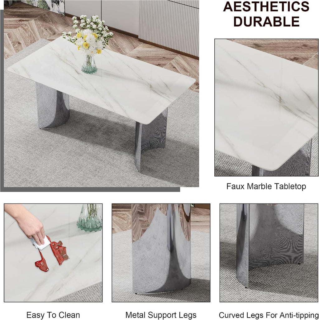 Marble Dining Table Set for 6,63" Kitchen Table Set of 6,Rectangle Dining Room Table Set with Silver Chrome Legs,Tempered Glass Dining Table Set with White Faux Leather Chairs for Dining Room