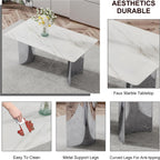Marble Dining Table Set for 6,63" Kitchen Table Set of 6,Rectangle Dining Room Table Set with Silver Chrome Legs,Tempered Glass Dining Table Set with White Faux Leather Chairs for Dining Room