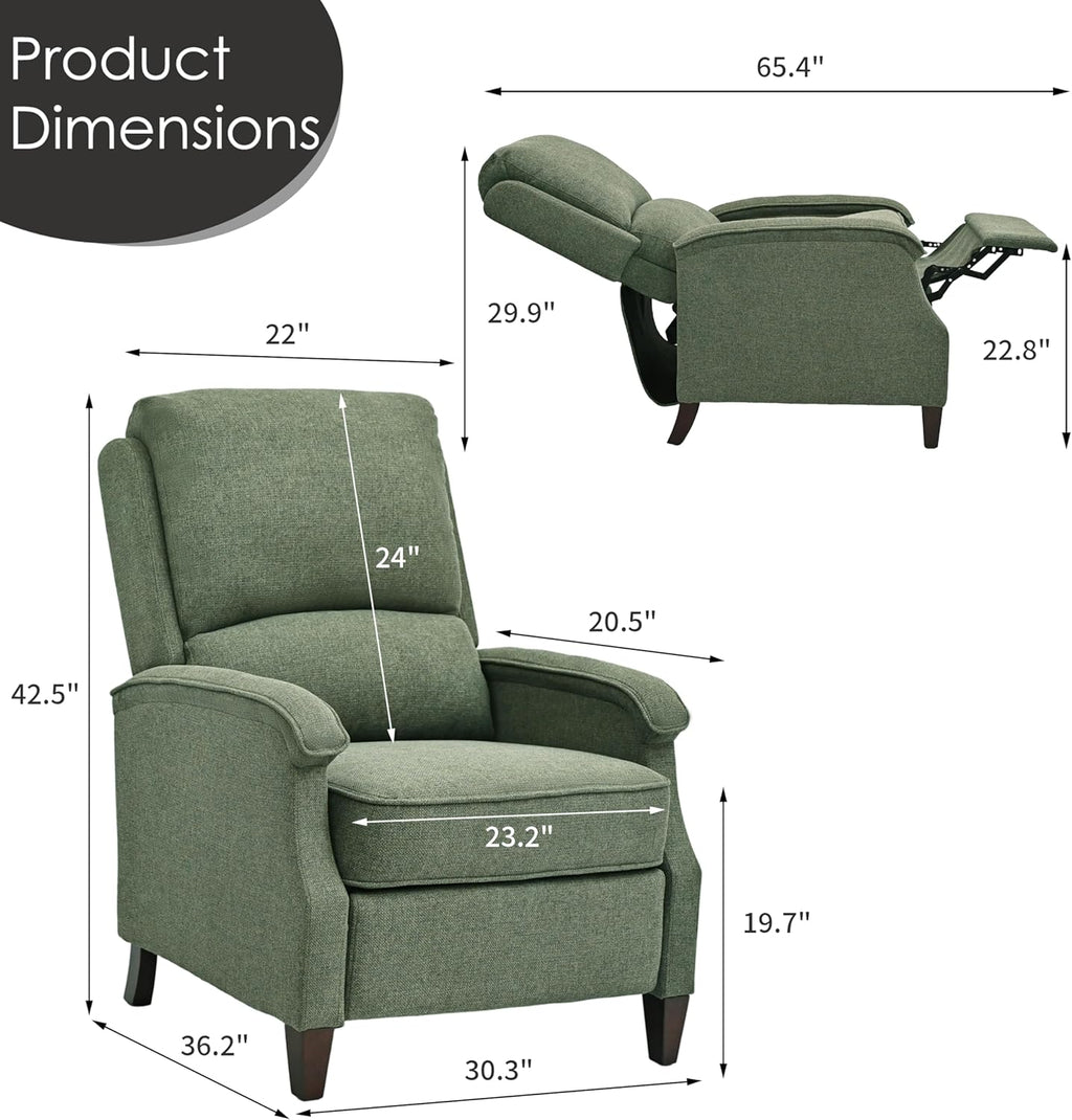 VKNOW Recliner Chair, Fabric Recliner with Soft Armrest, Home Theater Seating with Adjustable Push Back and Lumbar Support, Single Sofa for Adults, Lounge Chair for Living Room, Bedroom（Green）