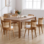 RIVOVA Modern Farmhouse Rattan Dining Chairs Set of 6 Natural Wood Kitchen Chairs Beige Upholstered Linen Dining Chairs Cane Country Dining Room Chairs